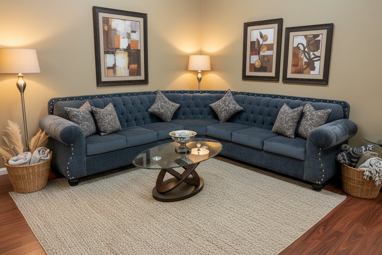 Royal Blue Handcrafted Sectional with Matching Pillows